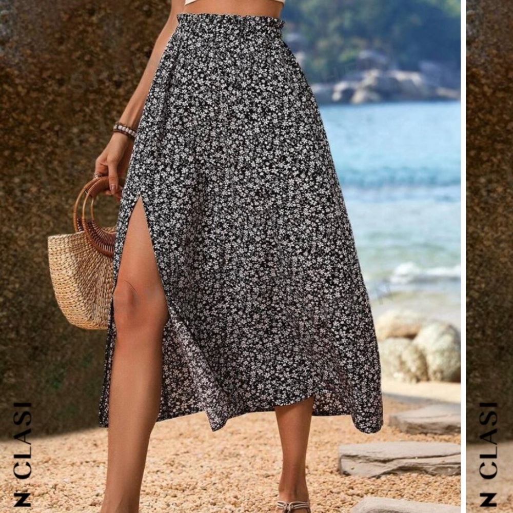 SHEIN floral print knee-length skirt with slit, black & white, side zipper